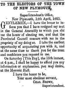 Brown's resignation, published on 15 April 1865 in the Taranaki Herald Brown resignation, 15 April 1865.jpg