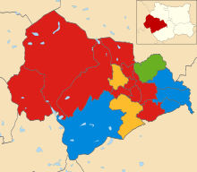 Results from the most recent election in 2023 Calderdale UK ward map 2023 Election.svg