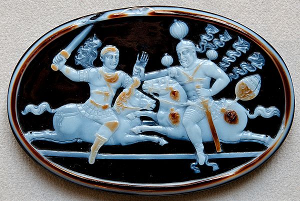 A fine cameo showing an equestrian single combat (mard o mard) between Shapur I and Valerian in which the latter is seized, according to Shapur's own 