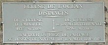 Sign indicating the Océan Lock at the Seuil de Naurouze at the highest point with 189m altitude