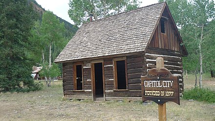 Capitol City, Colorado, a ghost town on the Alpine Loop National Scenic Back Country Byway. Capitol City once had a population of 400; its founders wanted it to become the capital of Colorado. The post office, some outbuildings, and brick kilns remain.