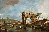 Каприччио с разрушенной аркой, берегом реки, рыбаками и храмом. Автор Guardi.jpg