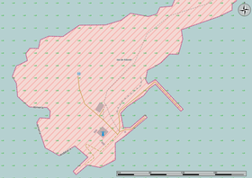 Kart som viser den sørlige delen av øya.  Vi ser stedet for et fyrtårn og en helikopterplate.  NR viser at regionen er et naturreservat.