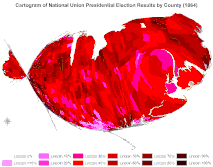 Cartogram of National Union presidential election results by county.