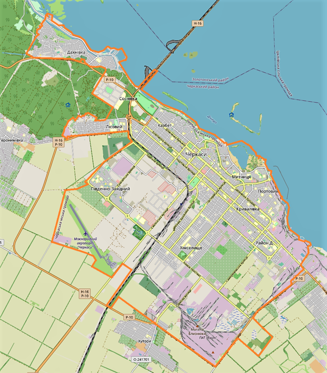 Mapa konturowa Czerkasów, po lewej nieco na dole znajduje się punkt z opisem „CKC”