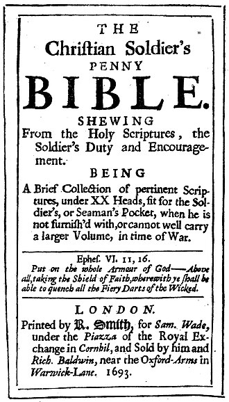 The Christian Soldier's Penny Bible (1693); a version of The Souldiers Pocket Bible (1643) Christian Soldier's Penny Bible.jpg