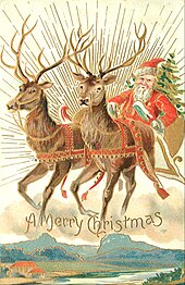 A 1907 Christmas card with Santa and some of his reindeer Christmas postcard 1907.jpg