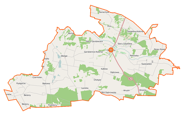 Mapa konturowa gminy Ciepielów, blisko centrum na prawo znajduje się punkt z opisem „Ciepielów”