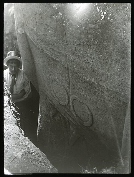 File:Close up view of the back of a moai excavated but still standing upright in the ground; a man is standing in the excavated gap beside the scultpure for scale; Rano Raraku, Oc,G.T.1476, Mana Expedition to Easter Island, British Museum.jpg