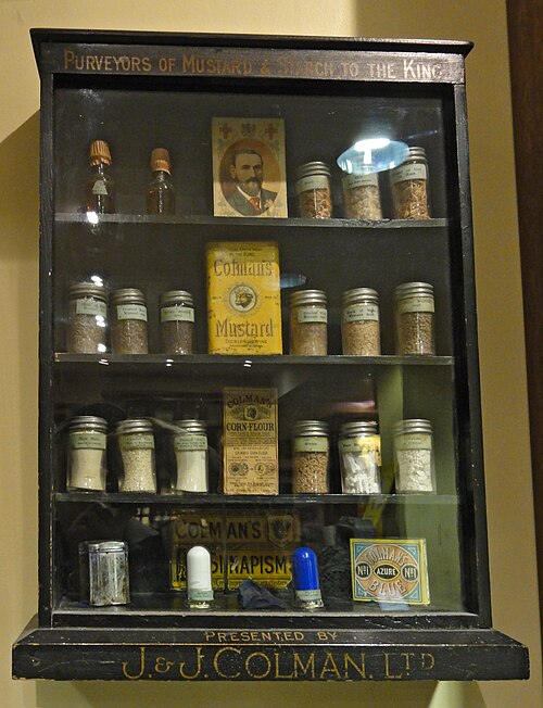 Schools' display cabinet showing ingredients for Colman's manufacture which was produced between 1900 and 1939, on display in Colman's Mustard Shop & 