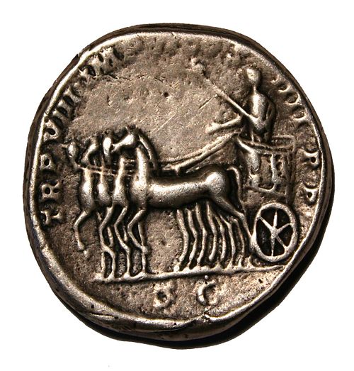 A denarius featuring Commodus. Inscription: TR. P. VIII, IMP. VI, COS. IIII, P. P. – S. C.