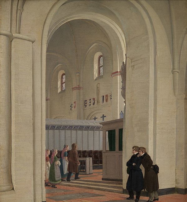 Constantin Hansen: Scene from the interior of Ringsted Church: In the foreground Constantin Hansen and Jørgen Roed, 1829,