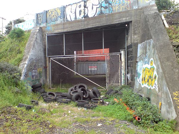 The blocked former underpass of the branch line at the Onehunga Port.