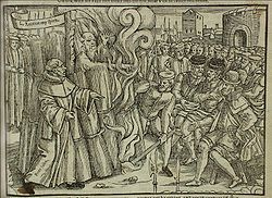 Cranmer's martyrdom, from Foxe's Book of Martyrs (1563) Cranmer burning foxe.jpg