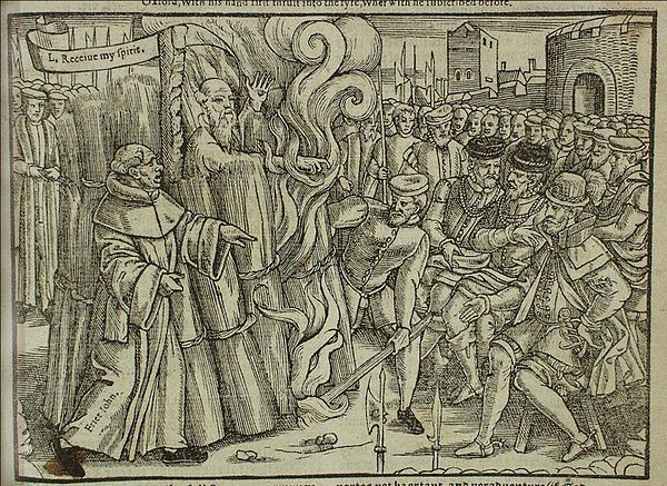 Woodcut from Day's 1563 first printing of John Foxe's Actes and Monuments depicting the execution of Thomas Cranmer, 1556