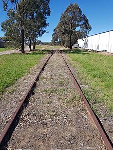 Crookwell railway line on 28 February 2021, looking north east from Ross St intersection. Crookwell Rail Line 2021.jpg