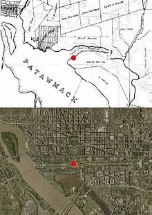 Location of Jefferson Pier on 1800 map (top) and modern satellite image (bottom).