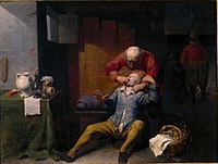 The toothpuller , 1655. oil on panel medium QS:P186,Q296955;P186,Q287,P518,Q861259 . 48 × 64.5 cm (18.8 × 25.3 in). Montpellier, Musée Fabre.