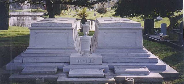 Tombs of Cecil Blount DeMille (right), Constance DeMille (left), William DeMille (urn in front), Clara DeMille (stone below urn in front)