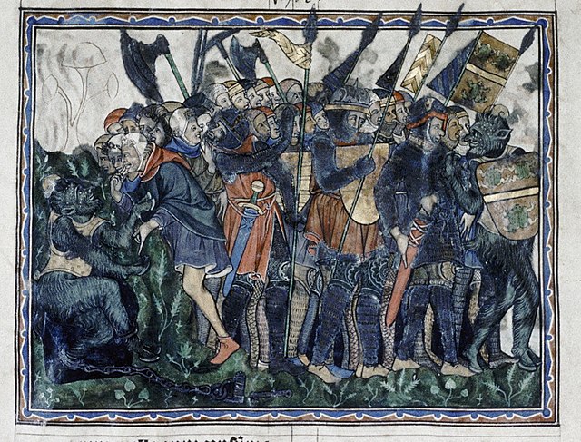 Douce Apocalypse, c. 1265–70. The dragon, who is Satan, comes forth again (Rev. 20:7). Among the flags of the host of Satan is that of Gilbert de Clar