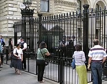 Pedestrian gate to the left, car gates at centre Downing.street.gates.london.arp.jpg