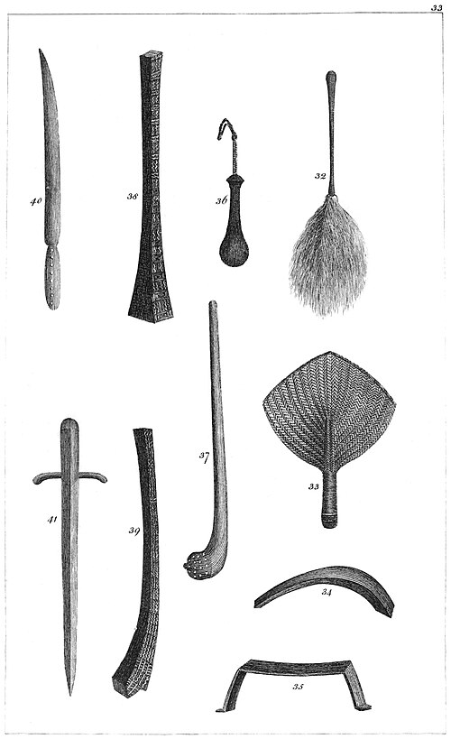 Engravings of wooden weapons and tools, plus two fans