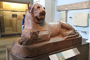 Egyptian Red Granite Lion of Amenhotep III, Temple of Soleb in Nubia, 18th Dynasty, c. 1380 BC (36140124350).jpg