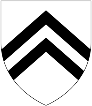 Arms of de Esse or de Ashe/Aysshe: Argent, two chevrons sable Esse of Sowton Devon Arms.PNG