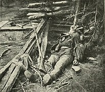 This unidentified, dead Confederate soldier of Ewell's Corps was killed during their attack at Alsop's farm. He was wounded in both the right knee and left shoulder, and probably died from loss of blood.