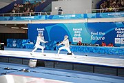 Deutsch: Fechten bei den Olympischen Jugend-Sommerspielen 2018: Tag 1, 7. Oktober 2018, Jungen, Säbel, Kampf um Bronze - Mazen Elaraby (EGY) - Robert Vidovszky (USA) 15:10 English: Fencing at the 2018 Summer Youth Olympics at 7 October 2018 – Boys' sabre Bronze medal match – Mazen Elaraby (EGY) Vs Robert Vidovszky (USA) 15:10