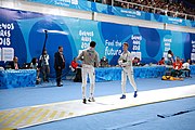 Deutsch: Fechten bei den Olympischen Jugend-Sommerspielen 2018: Tag 1, 7. Oktober 2018, Jungen, Säbel, Viertelfinale - Krisztián Rabb (HUN) - Antonio Heathcock (GER) 15:11 English: Fencing at the 2018 Summer Youth Olympics at 7 October 2018 – Boys' sabre Quarterfinals – Krisztián Rabb (HUN) Vs Antonio Heathcock (GER) 15:11