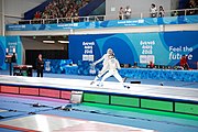 Deutsch: Fechten bei den Olympischen Jugend-Sommerspielen 2018: Tag 1, 7. Oktober 2018, Jungen, Säbel, Finale - Krisztián Rabb (HUN) - Hyun Jun (KOR) (USA) 15:13 English: Fencing at the 2018 Summer Youth Olympics at 7 October 2018 – Boys' sabre Gold medal match – Krisztián Rabb (HUN) Vs Hyun Jun (KOR) (USA) 15:13