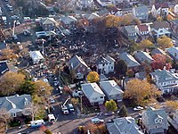 Aerial view of the neighborhood in Queens, New York, where American Airlines Flight 587 crashed.