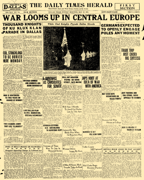 File:Front page of The Dallas Times Herald on May 22, 1921.png