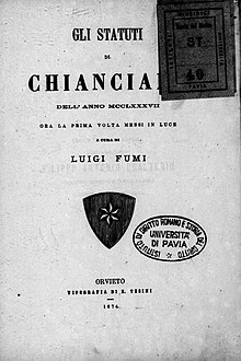 Luigi Fumi, Statuti di Chianciano dell'anno 1287, 1874