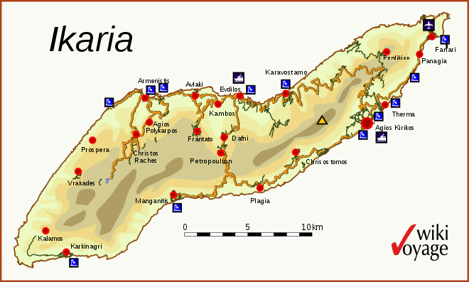 Icaria's interior is mountainous, with the population mainly living around the coast. Agios Kirykos and Evdilos are the two ports serviced by passenger ferries, which are Icaria's main transport links to the rest of Greece.