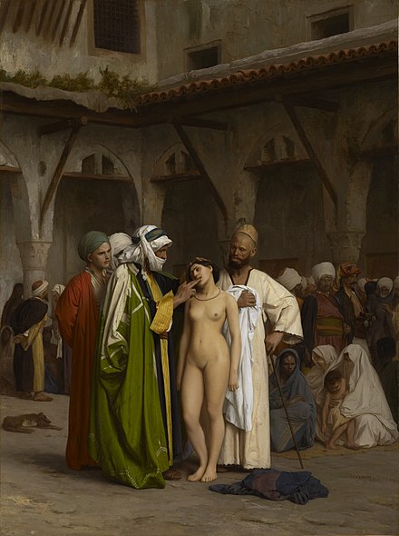 The Slave Market, by Jean-Léon Gérôme, 1866. This was a popular subject in 19th-century Orientalist painting, normally with a sexual element.