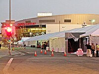 The red carpet under the tent leading to the arena for the 54th Grammy Awards