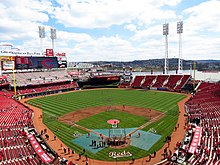 Great American Ball Park opened in 2003 along the Ohio River. Great American Ball Park (15561187833).jpg