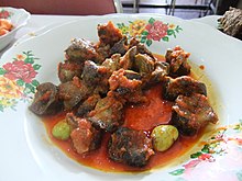 Sambal goreng ati, fried liver in sambal Hati ayam petai masakan Padang.JPG