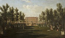 An oil painting showing a wide grassy avenue with trees on either side, leading to the brick south facade of Ham House, with an array of figures strolling through the gardens