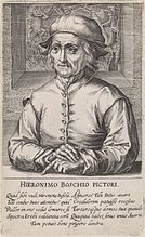 Hendrik Hondius (I). Portrait of Hieronymus Bosch. 1610. engraving. From Pictorum aloquot celebrium præcipué Germaniæ Inferioris, effigies, Hagæ-Comitis: Henricus Hondius.