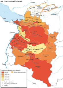 Karte zur Entstehung Vorarlbergs im Rahmen der habsburgischen Erwerbungen ab 1363