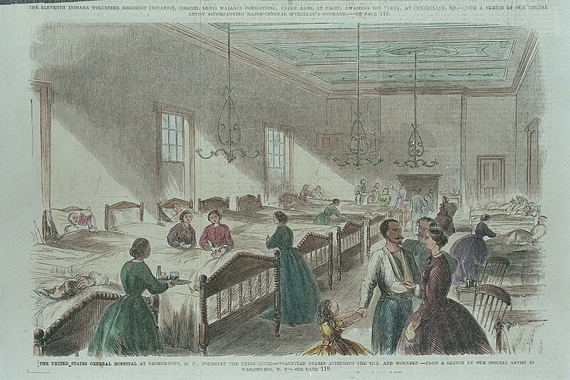 File:Illustration showing the United States General Hospital at Georgetown, D. C., formerly the Union Hotel-Volunteer nurses attending the sick and wounded. Published in Frank Leslie's Illustrated (15944902541).jpg