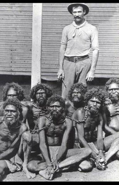 Aboriginal Australians in chains at Wyndham prison, 1902.