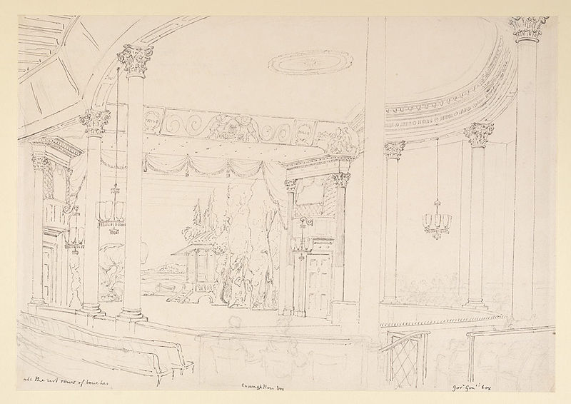 File:Interior of the Chowringhee Theatre, Calcutta, from the circle looking towards the stage, showing the first few rows of seats by William Prinsep.jpg