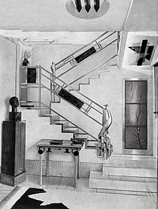 Stairway in the hôtel particulier of fashion designer-art collector Jacques Doucet (1927). Design by Joseph Csaky. The geometric forms of Cubism had an important influence on Art Deco