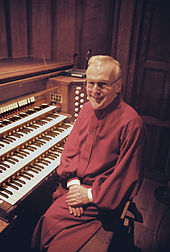 John Walker, Brown Memorial Presbyterian Church's minister of music 2004-2011, and now Minister of Music Emeritus at the Skinner organ console John Walker (organist).jpg