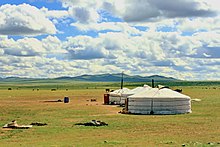 Traditional yurts on the steppes between Ulaanbaatar and Kharkhorin. Jurty na stepie pomiedzy Ulan Bator a Karakorum 03.JPG