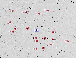 Finder image: KIC 8462852 (blue square) and nearby stars - stable reference stars are in red circles.(FOV=12.5 x 9.6 minutes of arc, NE at upper-left) KIC8462852BlueSquare&NearbyStars-20180603.jpg
